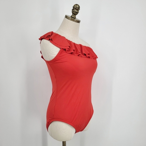 Carmen Marc Valvo One Piece Swimsuit One Shoulder Ruffle Red Size 12 - Picture 1 of 8